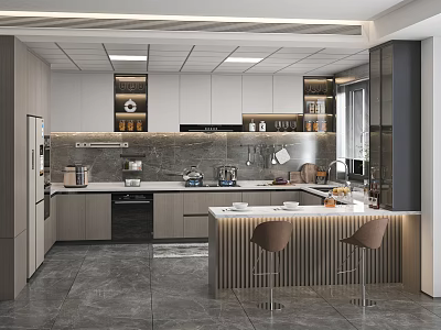 Modern Kitchen Interior With Gray Cabinets Island Counter And Brown Bar Stools 3d model