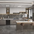 Modern Kitchen Interior With Gray Cabinets Island Counter And Brown Bar Stools