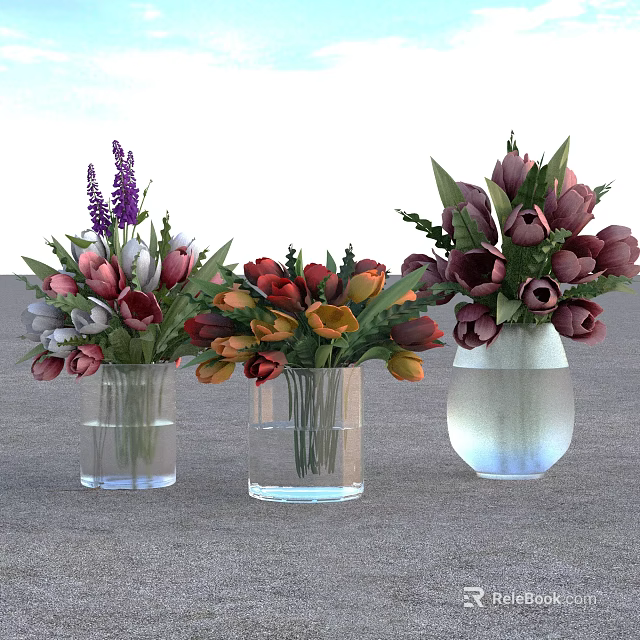 Three Transparent Glass Vases With Colorful Tulips Lavender And Mixed Flowers On Gray Floor 3d model 