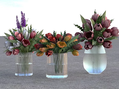 Three Transparent Glass Vases With Colorful Tulips Lavender And Mixed Flowers On Gray Floor 3d model