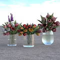 Three Transparent Glass Vases With Colorful Tulips Lavender And Mixed Flowers On Gray Floor