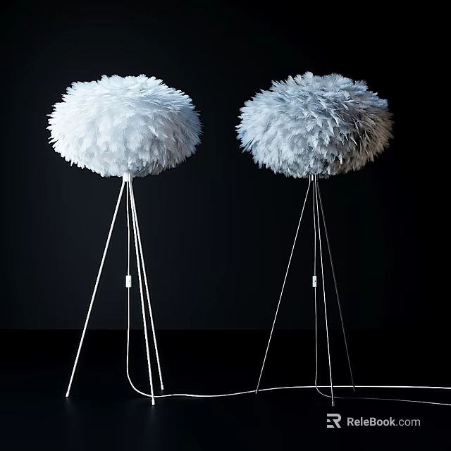 Modern White Floor Lamps With Fluffy Feather Shades On Black Background 3d model 