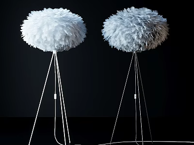 Modern White Floor Lamps With Fluffy Feather Shades On Black Background 3d model