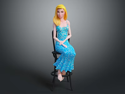 Blonde Haired Female Character Wearing Blue Floral Dress Seated On Black Chair Against Gray Background 3d model