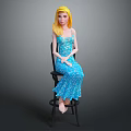 Blonde Haired Female Character Wearing Blue Floral Dress Seated On Black Chair Against Gray Background