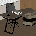 Modern Wooden Desk with Black Chair Lamp Books and Storage Boxes near Window