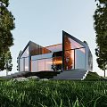 Modern Single-family House With Sloped Roof Large Glass Windows Stone Steps And Grass Lawn