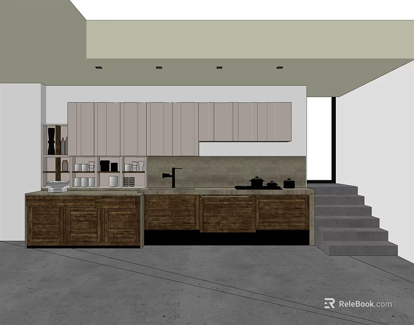 Modern Kitchen Cabinets With Upper Lower Storage And Wooden Countertop 3d model