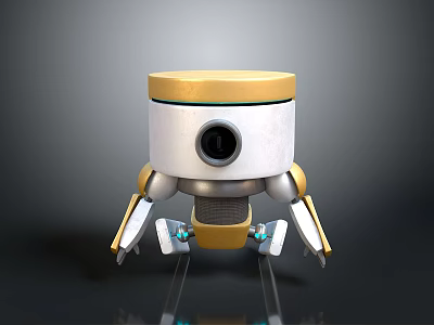 Small Robot With Yellow Top White Body Black Camera Lens Mechanical Legs And Blue Accents 3d model