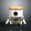 Small Robot With Yellow Top White Body Black Camera Lens Mechanical Legs And Blue Accents