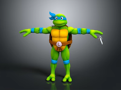 3D Rendered Ninja Turtle Green Body Blue Headband Yellow Shell Brown Strap Weapon Outstretched Arms 3d model