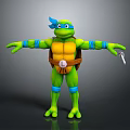 3D Rendered Ninja Turtle Green Body Blue Headband Yellow Shell Brown Strap Weapon Outstretched Arms