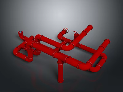 Red Pipe Structure With Heavy Duty Fittings And Hardware Tools Components 3d model