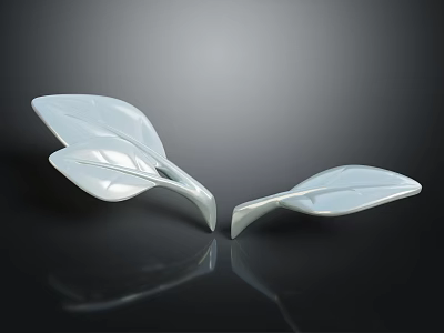 White Plant Leaf Shaped Objects On Black Background With Reflective Surface 3d model