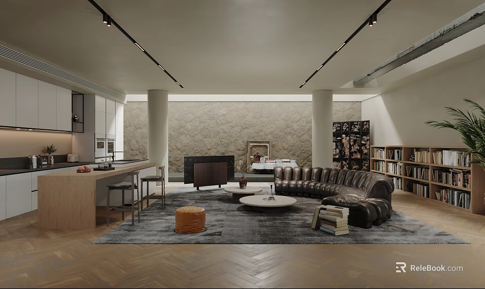 Modern Living and Dining Room Interior With Leather Sofa Coffee Table Stone Wall And Bookshelves 3d model 