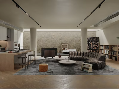 Modern Living and Dining Room Interior With Leather Sofa Coffee Table Stone Wall And Bookshelves 3d model