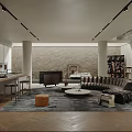 Modern Living and Dining Room Interior With Leather Sofa Coffee Table Stone Wall And Bookshelves