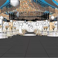 Elegant Luxurious Banquet Hall Interior With Circular Chandelier Gold Decorations And Floral Arrangements