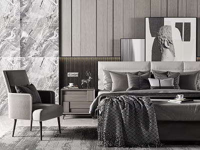 Modern Double Bed Interior With Gray Pillows Blanket Nightstand And Accent Chair 3d model