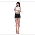 Woman in White Top Black Shorts with Long Hair Front Back View White High Heels