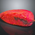 Red Cocoa Pod With Textured Surface And Dark Spots On Black Background