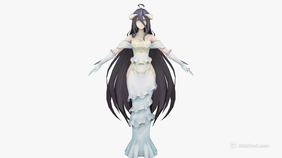 Elegant Game Movie Character With Long Black Hair White Dress And Headpiece 3d model 
