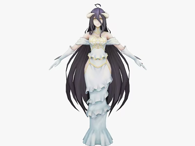 Elegant Game Movie Character With Long Black Hair White Dress And Headpiece 3d model