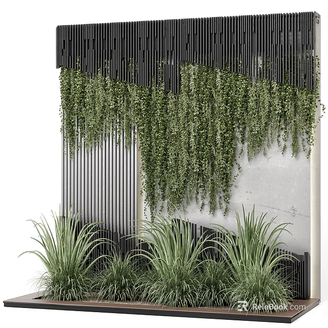 Green Plant Wall With Hanging Vines And Black Slatted Panels On Concrete Background 3d model 