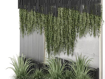 Green Plant Wall With Hanging Vines And Black Slatted Panels On Concrete Background 3d model