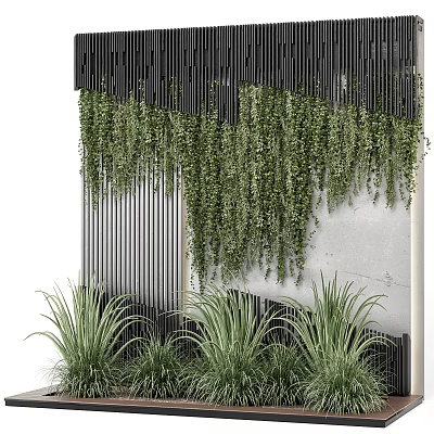 Green Plant Wall With Hanging Vines And Black Slatted Panels On Concrete Background 3d model