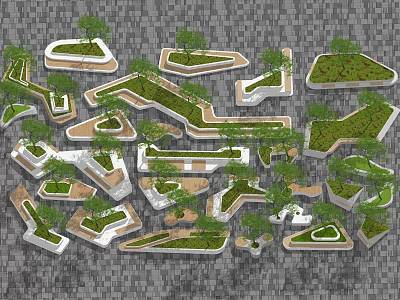 Creative Landscape Seats With Irregular Shapes Green Plants And Paved Area Design 3d model