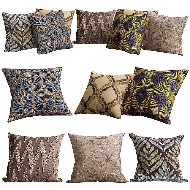Stylish Decorative Throw Pillows With Various Leaf And Geometric Patterns 3d model