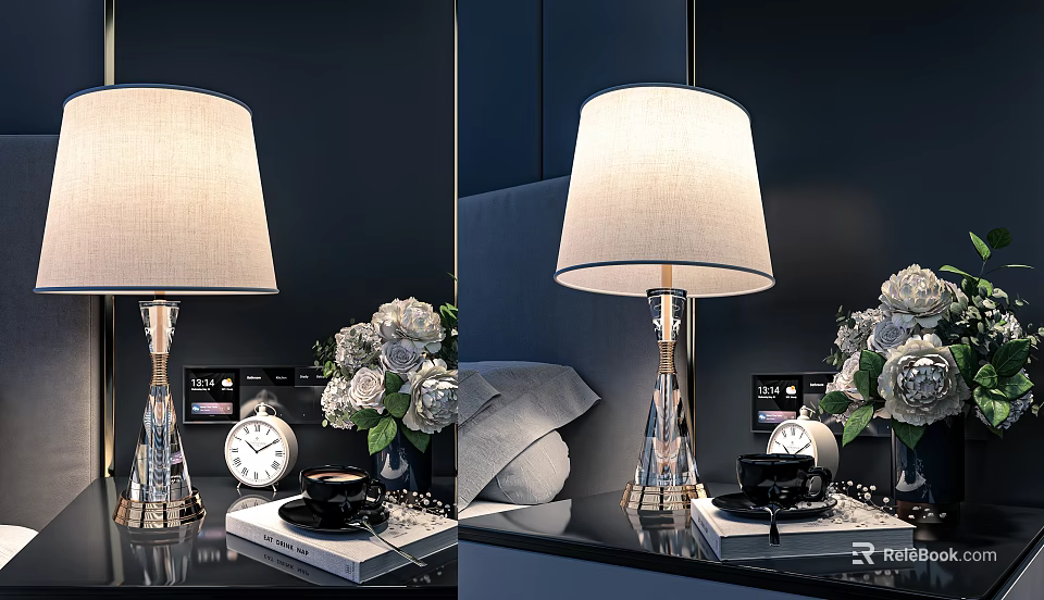 Table Lamp With White Linen Shade Crystal Base On Bedside Table White Flowers Alarm Clock In Bedroom 3d model 