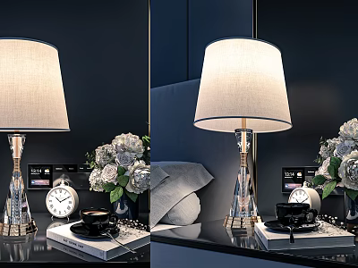 Table Lamp With White Linen Shade Crystal Base On Bedside Table White Flowers Alarm Clock In Bedroom 3d model