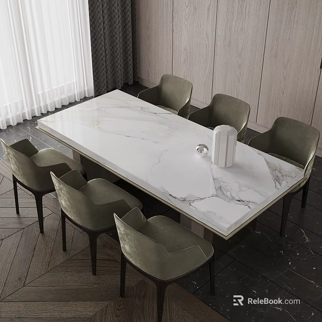 Elegant Dining Table Set With White Marble Top And Six Comfortable Gray Chairs 3d model