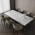 Elegant Dining Table Set With White Marble Top And Six Comfortable Gray Chairs 3d model