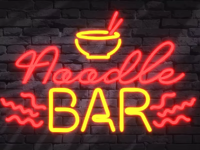 Neon Art Installation Featuring Noodle Bar Sign With Bowl And Chopsticks On Brick Wall 3d model
