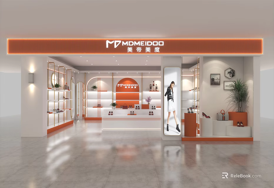 M7MOMIDOO Retail Store With Modern Bright Interior Display Shelves Mannequin Shoes And Decorative Plants 3d model 