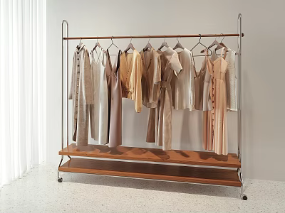 Minimalist Neutral Colored Clothes on Metal Frame Clothing Rack With Wooden Shelf in Bright Room 3d model