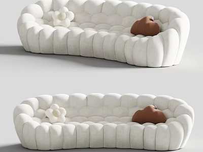 White Sectional Sofa with Curved Design Soft Fabric Flower Ornament and Brown Cushions 3d model