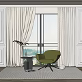 Beige Textured Curtains in Modern Room with Floor to Ceiling Windows and Green Armchair