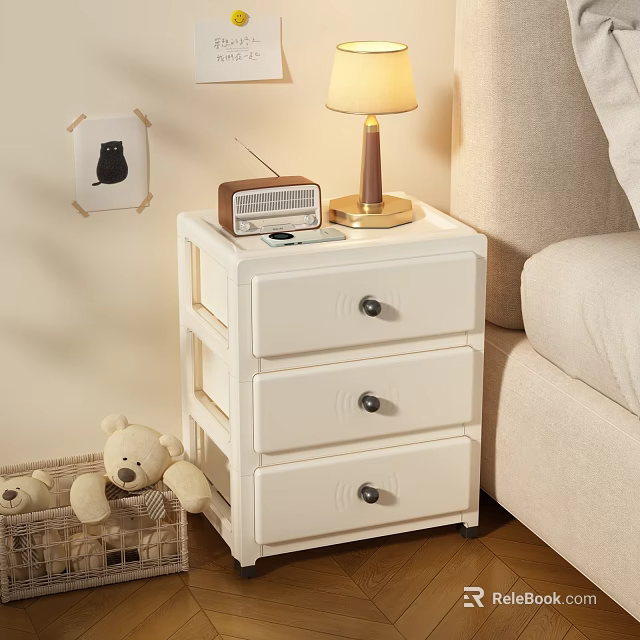 White Bedside Table With Three Drawers Lamp And Vintage Radio Next To Sofa 3d model 