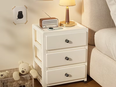 White Bedside Table With Three Drawers Lamp And Vintage Radio Next To Sofa 3d model