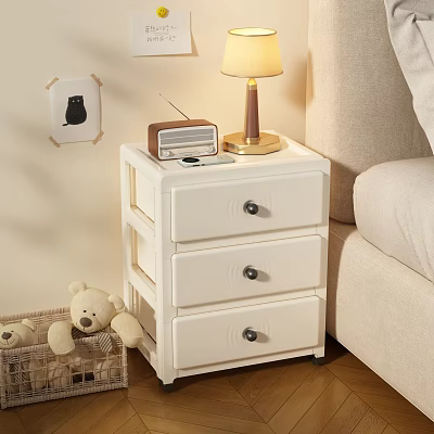 White Bedside Table With Three Drawers Lamp And Vintage Radio Next To Sofa 3d model