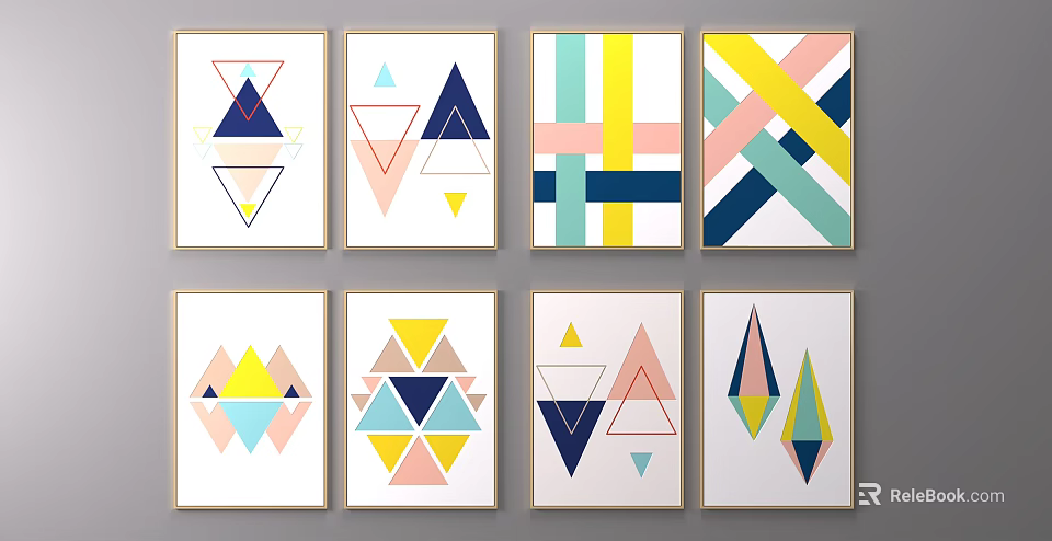 Abstract Geometric Pattern Decorative Wall Art With Colorful Triangles And Lines 3d model 