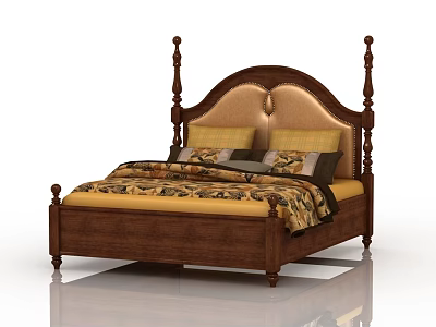 Classic Wooden Four Poster Double Bed With Upholstered Headboard And Yellow Brown Bedding 3d model