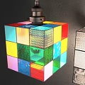 Cube Shaped Pendant Lights With Colorful Transparent And White Glass Panel Designs