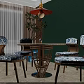 Modern Wooden Dining Table Set With Floral Pattern Chairs Green Wall And Pendant Light