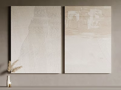 Two Textured Beige Wall Art With Dried Flowers In Vase On Countertop Against Light Wall 3d model