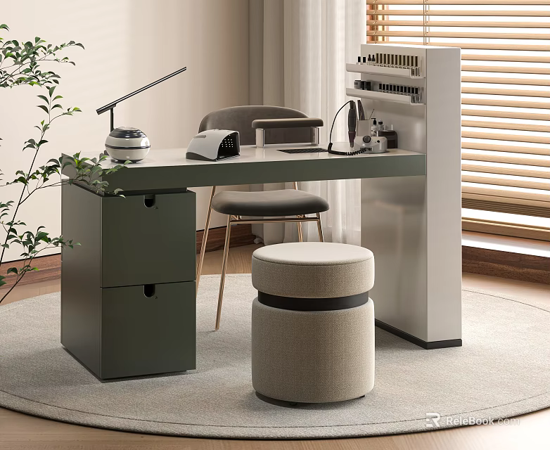 Modern Home Office Table and Chair Set with Green Desk Stool and Plant 3d model 